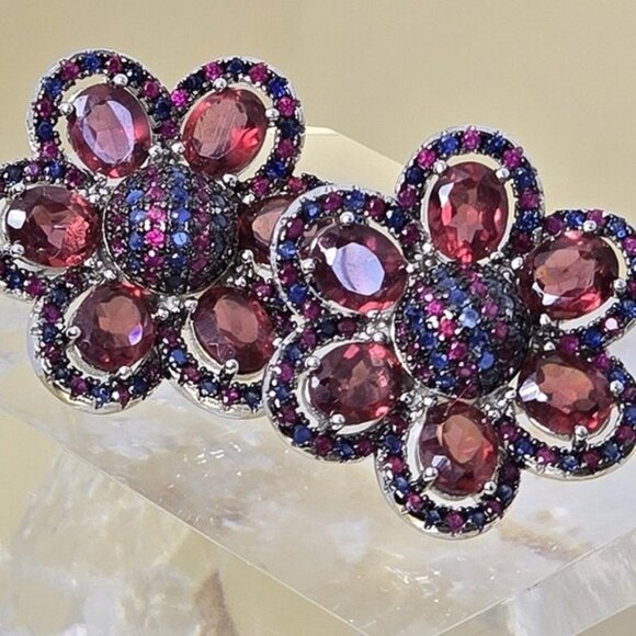 925 Sterling Silver Flower Earrings with Natural Garnet, Sapphire, Ruby Gems - Picture 3 of 8
